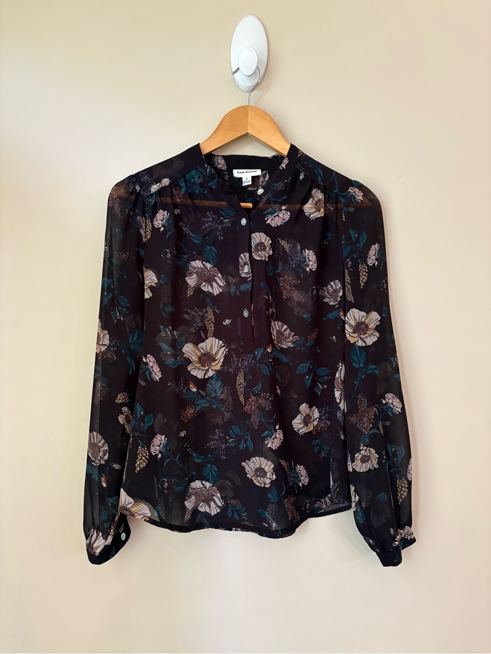FRANK & OAK Black Semi-Sheer Chiffon Floral Printed Longsleeve Blouse XS